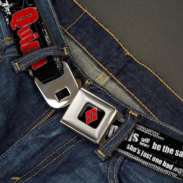 Buckle Down Harley Quinn Diamond Full Color Black Red Seatbelt Belt - HARLEY QUINN Face METROPOLIS WILL NEVER BE THE SAME Black/White/Red Webbing