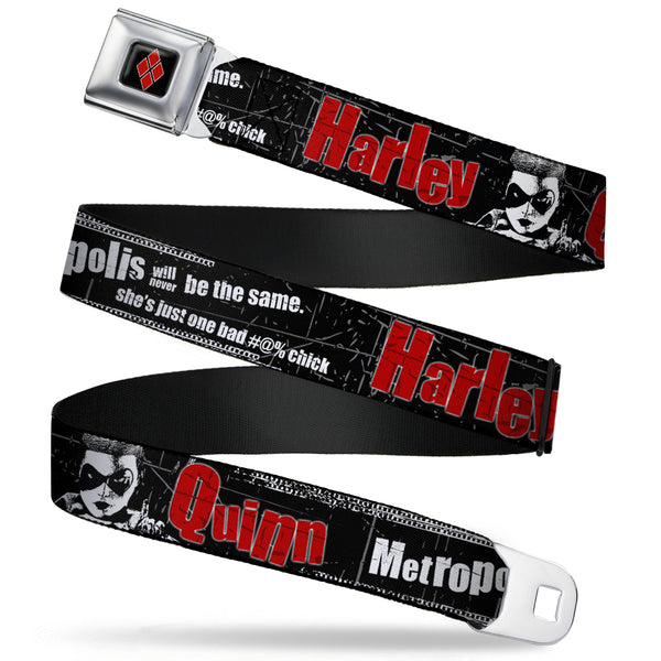 buckle down Harley Quinn Diamond Full Color Black Red Seatbelt Belt - HARLEY QUINN Face METROPOLIS WILL NEVER BE THE SAME Black/White/Red Webbing
