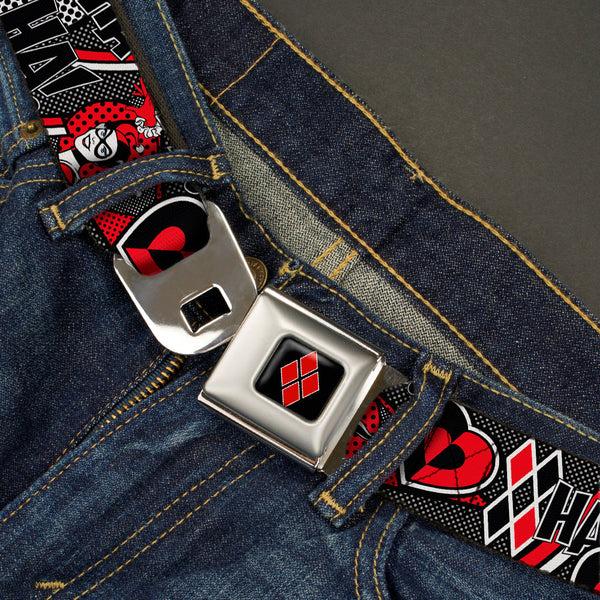 Buckle Down Harley Quinn Diamond Full Color Black Red Seatbelt Belt - Harley Quinn Poses/HAHAHA /Diamonds/Hearts Halftone White/Black/Red Webbing