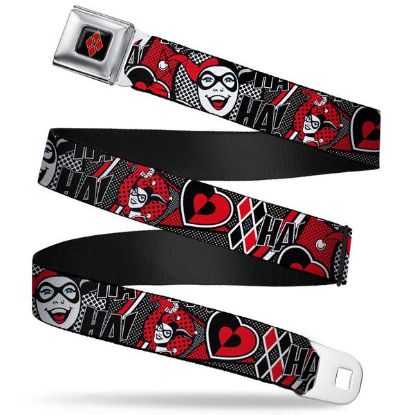 buckle down Harley Quinn Diamond Full Color Black Red Seatbelt Belt - Harley Quinn Poses/HAHAHA /Diamonds/Hearts Halftone White/Black/Red Webbing