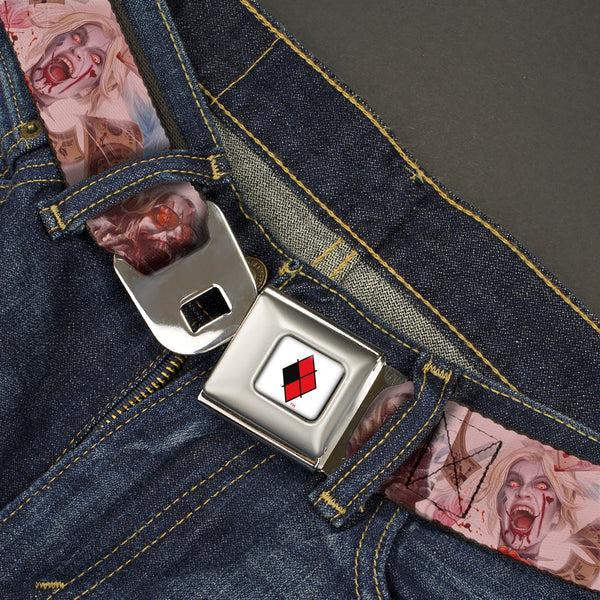 Buckle Down Harley Quinn Diamond Full Color White/Black/Red Seatbelt Belt - Harley Quinn Dceased Variant Cover Pose Blocks Webbing