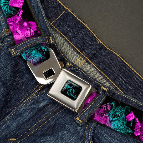 Buckle Down HARLEY QUINN Full Color Black Turquoise Seatbelt Belt - HARLEY QUINN Pow & Aiming Poses/Joker Sketch Black/Turquoise/Fuchsia Webbing