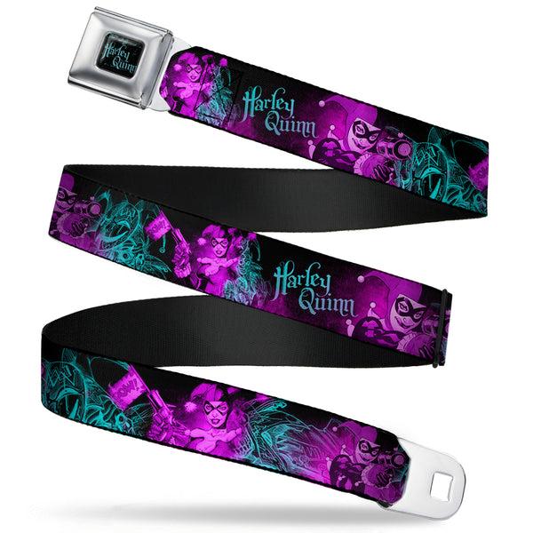 buckle down HARLEY QUINN Full Color Black Turquoise Seatbelt Belt - HARLEY QUINN Pow & Aiming Poses/Joker Sketch Black/Turquoise/Fuchsia Webbing