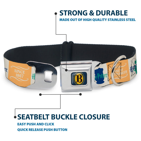 Buckle Down Harry Potter Butterbeer Logo Full Color Navy/Yellow Seatbelt Buckle Collar - Harry Potter FINEST BUTTERBEER SINCE 1867 Icon Blocks Yellow/White/Blues