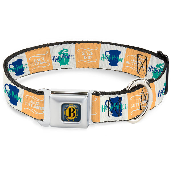 buckle down Harry Potter Butterbeer Logo Full Color Navy/Yellow Seatbelt Buckle Collar - Harry Potter FINEST BUTTERBEER SINCE 1867 Icon Blocks Yellow/White/Blues