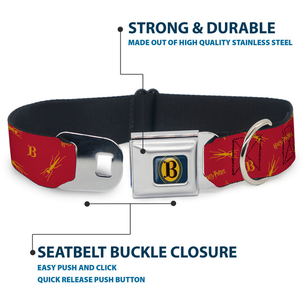 Buckle Down Harry Potter Butterbeer Logo Full Color Navy/Yellow Seatbelt Buckle Collar - Harry Potter Butterbeer Logo And Insect Icon Scattered Red/Yellow