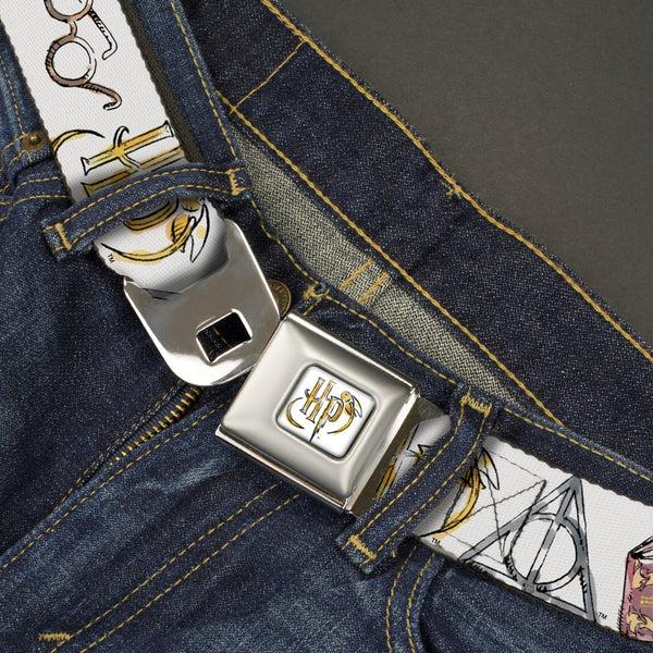 Buckle Down Harry Potter HP Logo Watercolor Full Color White/Yellows Seatbelt Belt - Harry Potter 4-Icons Watercolor White/Multi Color Webbing