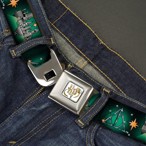 Buckle Down Harry Potter HP Logo Watercolor Full Color White/Yellows Seatbelt Belt - Harry Potter Hogwarts And Deathly Hallows Tattoo Black/Greens Webbing