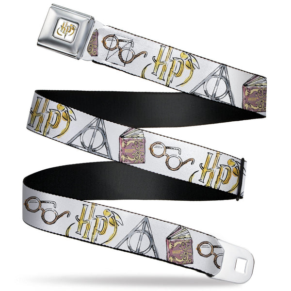 buckle down Harry Potter HP Logo Watercolor Full Color White/Yellows Seatbelt Belt - Harry Potter 4-Icons Watercolor White/Multi Color Webbing