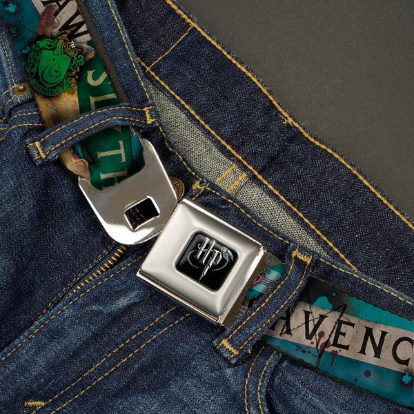 Buckle Down Harry Potter Logo Full Color Black/White Seatbelt Belt - Hogwarts House Banners & Logos Webbing