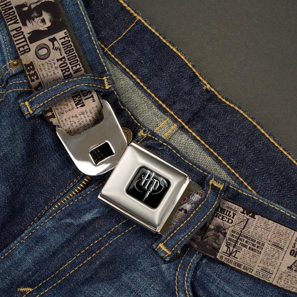 Buckle Down Harry Potter Logo Full Color Black/White Seatbelt Belt - Harry Potter Newspaper Headlines Webbing