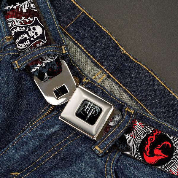 Buckle Down Harry Potter Logo Full Color Black/White Seatbelt Belt - DEATH EATER Scroll/Symbol Black/Gray/White/Red Webbing