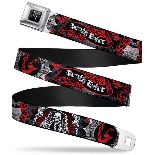Buckle Down Harry Potter Logo Full Color Black/White Seatbelt Belt - DEATH EATER Scroll/Symbol Black/Gray/White/Red Webbing