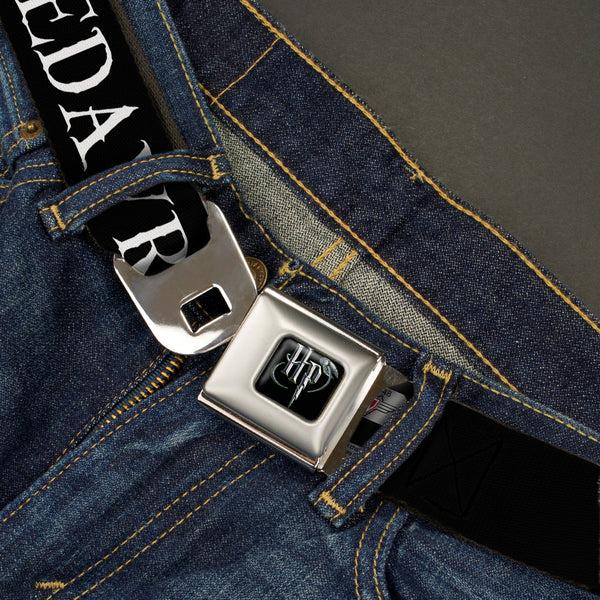 Buckle Down Harry Potter Logo Full Color Black/White Seatbelt Belt - Harry Potter Unforgivable Curses Black/White Webbing