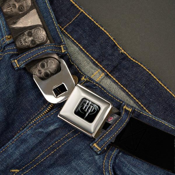 Buckle Down Harry Potter Logo Full Color Black/White Seatbelt Belt - Harry Potter Death Eater Masks Grays Webbing