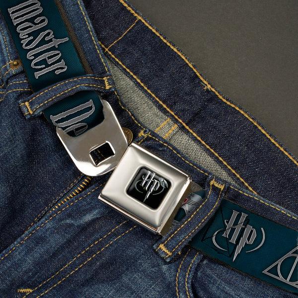 Buckle Down Harry Potter Logo Full Color Black/White Seatbelt Belt - HP/Deathly Hallows Symbol TOGETHER THEY MAKE ONE MASTER OF DEATH. Blue Fade/Gray Webbing