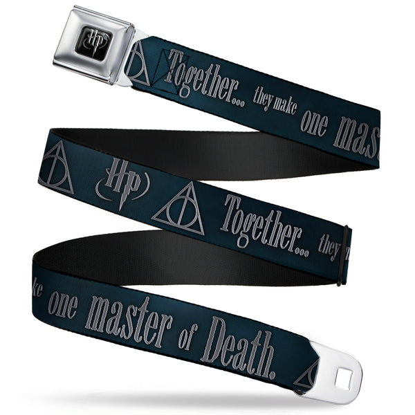 Buckle Down Harry Potter Logo Full Color Black/White Seatbelt Belt - HP/Deathly Hallows Symbol TOGETHER THEY MAKE ONE MASTER OF DEATH. Blue Fade/Gray Webbing