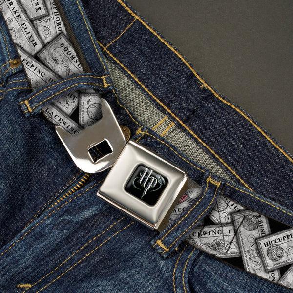 Buckle Down Harry Potter Logo Full Color Black/White Seatbelt Belt - Harry Potter Potion Labels Webbing