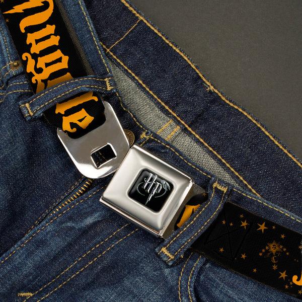 Buckle Down Harry Potter Logo Full Color Black/White Seatbelt Belt - MUGGLE/Stars Black/Gold Webbing