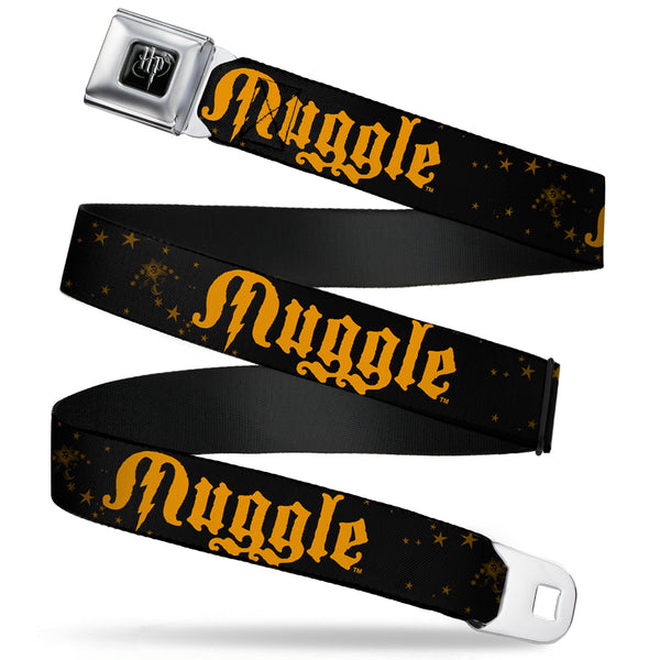Buckle Down Harry Potter Logo Full Color Black/White Seatbelt Belt - MUGGLE/Stars Black/Gold Webbing