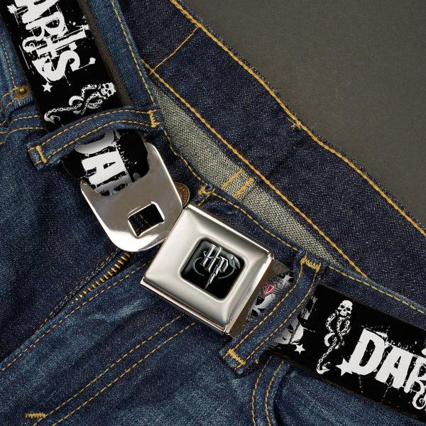 Buckle Down Harry Potter Logo Full Color Black/White Seatbelt Belt - DARK ARTS/Death Mark Splatter Black/White Webbing