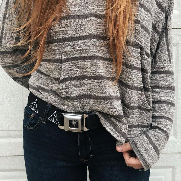 Buckle Down Harry Potter Logo Full Color Black/White Seatbelt Belt - Deathly Hallows Symbol Black/White Webbing