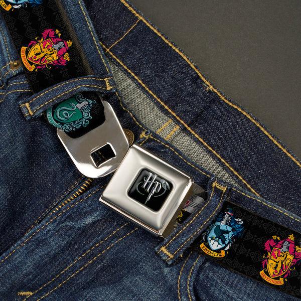 Buckle Down Harry Potter Logo Full Color Black/White Seatbelt Belt - HARRY POTTER Hufflepuff/Ravenclaw/Gryffindor/Slytherin Coat Of Arms Black Webbing