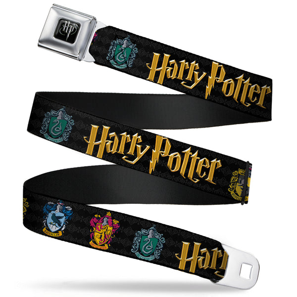 buckle down Harry Potter Logo Full Color Black/White Seatbelt Belt - HARRY POTTER Hufflepuff/Ravenclaw/Gryffindor/Slytherin Coat of Arms Black Webbing