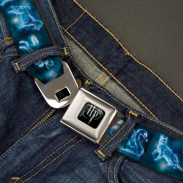 Buckle Down Harry Potter Logo Full Color Black/White Seatbelt Belt - Harry Potter Animal Spirits Black/Blue Webbing