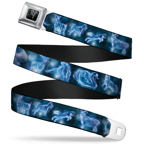 buckle down Harry Potter Logo Full Color Black/White Seatbelt Belt - Harry Potter Animal Spirits Black/Blue Webbing