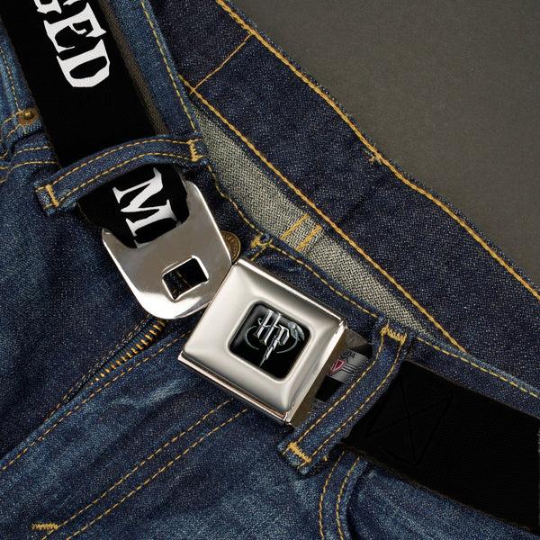 Buckle Down Harry Potter Logo Full Color Black/White Seatbelt Belt - Harry Potter MISCHIEF MANAGED Black/White Webbing