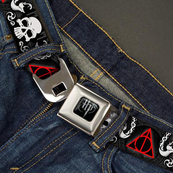 Buckle Down Harry Potter Logo Full Color Black/White Seatbelt Belt - Deathly Hallows Symbol/Death Mark Skull/Snakes Black/Gray/White/Red Webbing