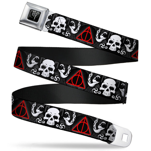 buckle down Harry Potter Logo Full Color Black/White Seatbelt Belt - Deathly Hallows Symbol/Death Mark Skull/Snakes Black/Gray/White/Red Webbing