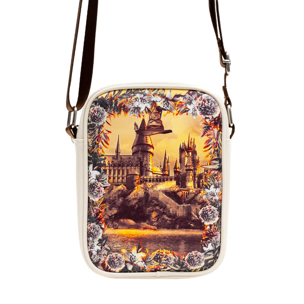 Buckle Down Harry Potter Vegan Leather Round Crossbody Bag With Adjustable Straps Hogwarts Floral Fantasy Off White