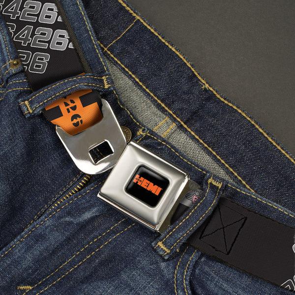 Buckle Down HEMI 426 Logo Full Color Black Orange Seatbelt Belt - HEMI 426 Logo 392/426 Black/Orange/Silver-Fade Webbing