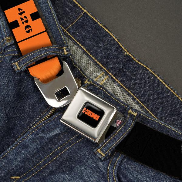 Buckle Down HEMI 426 Logo Full Color Black Orange Seatbelt Belt - HEMI 426 Logo Repeat Black/Orange Webbing