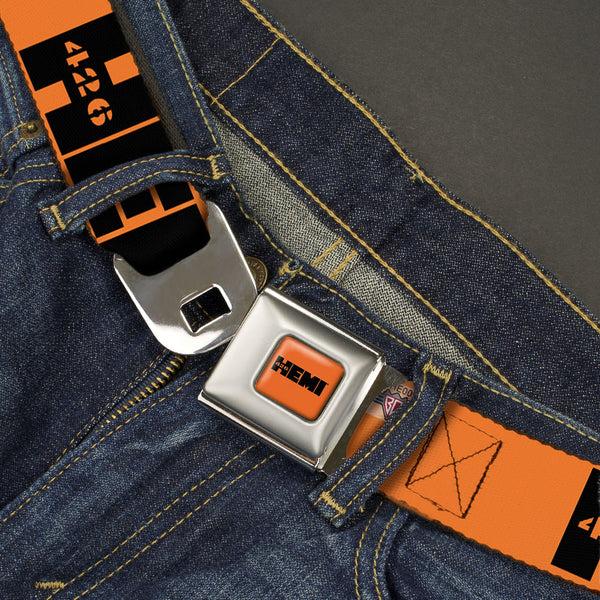 Buckle Down HEMI 426 Logo Full Color Orange Black Seatbelt Belt - HEMI 426 Logo Repeat Orange/Black Webbing