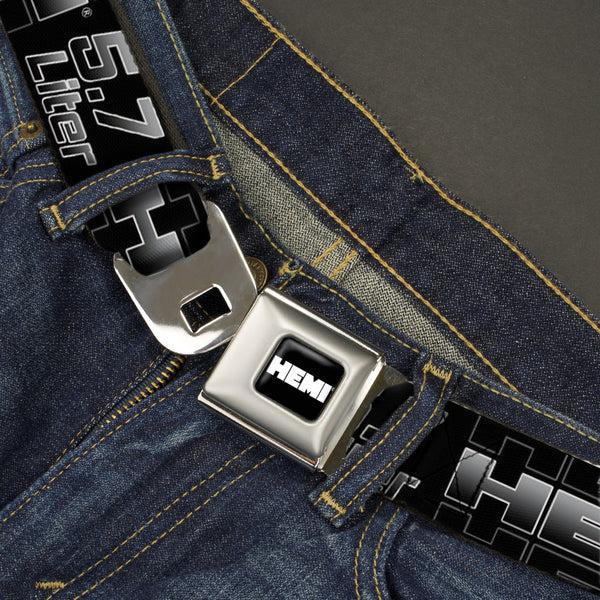 Buckle Down HEMI Bold Full Color Black/White Seatbelt Belt - HEMI 5.7 LITER Black/White/Silver-Fade Webbing