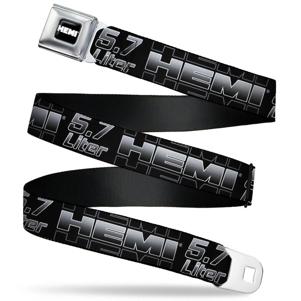 buckle down HEMI Bold Full Color Black/White Seatbelt Belt - HEMI 5.7 LITER Black/White/Silver-Fade Webbing