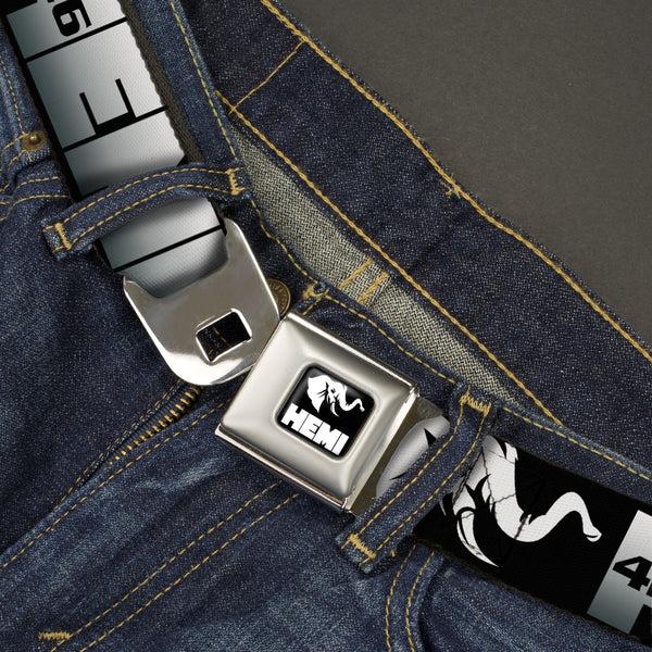 Buckle Down HEMI Elephant Logo Full Color Black/White Seatbelt Belt - HEMI 426/Elephant Logo 50 YEARS Black/White/Silver-Fade Webbing