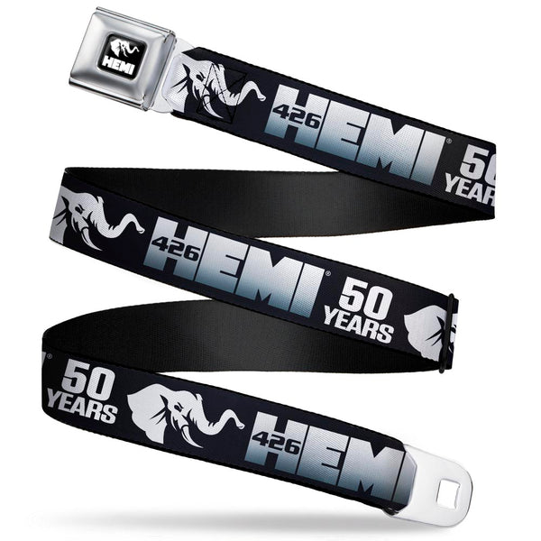 buckle down HEMI Elephant Logo Full Color Black/White Seatbelt Belt - HEMI 426/Elephant Logo 50 YEARS Black/White/Silver-Fade Webbing