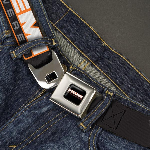 Buckle Down HEMI POWERED Logo Full Color Black Orange White Gray Seatbelt Belt - HEMI POWERED Logo Repeat Black/Orange/White/Gray Webbing