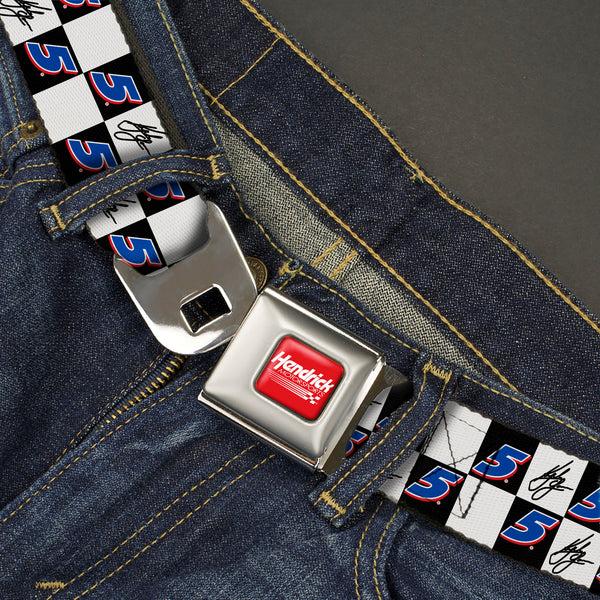 Buckle Down HENDRICK MOTORSPORTS Checker Logo Full Color Red/White Seatbelt Belt - Kyle Larson Autograph And #5 Checker Logo Black/White/Blue/Red Webbing