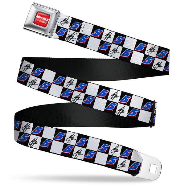buckle down HENDRICK MOTORSPORTS Checker Logo Full Color Red/White Seatbelt Belt - Kyle Larson Autograph and #5 Checker Logo Black/White/Blue/Red Webbing