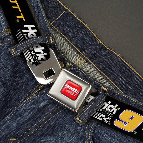 Buckle Down HENDRICK MOTORSPORTS Checker Logo Full Color Red/White Seatbelt Belt - CHASE ELLIOTT #9 Hendrick Motorsports Racing Logo Black/White/Blue/Yellow Webbing