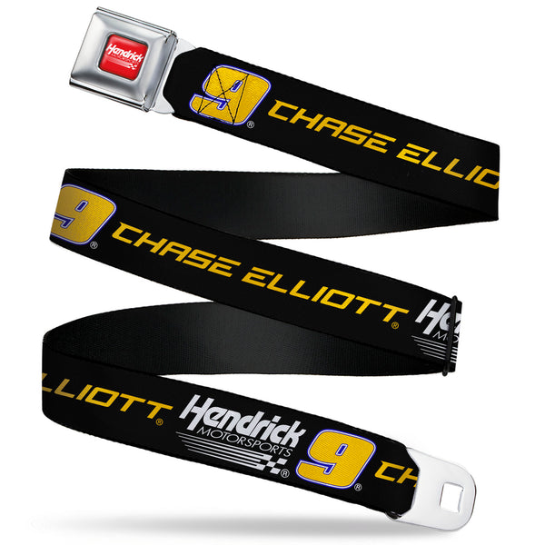 buckle down HENDRICK MOTORSPORTS Checker Logo Full Color Red/White Seatbelt Belt - CHASE ELLIOTT #9 Hendrick Motorsports Racing Logo Black/White/Blue/Yellow Webbing