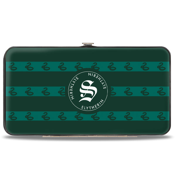 Buckle Down Hinged Wallet - HOGWARTS ALUMNI SLYTHERIN + Initial Monogram Snake Icon Stripe Greens White Grays