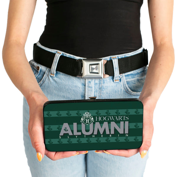 Buckle Down Hinged Wallet - HOGWARTS ALUMNI SLYTHERIN + Initial Monogram Snake Icon Stripe Greens White Grays