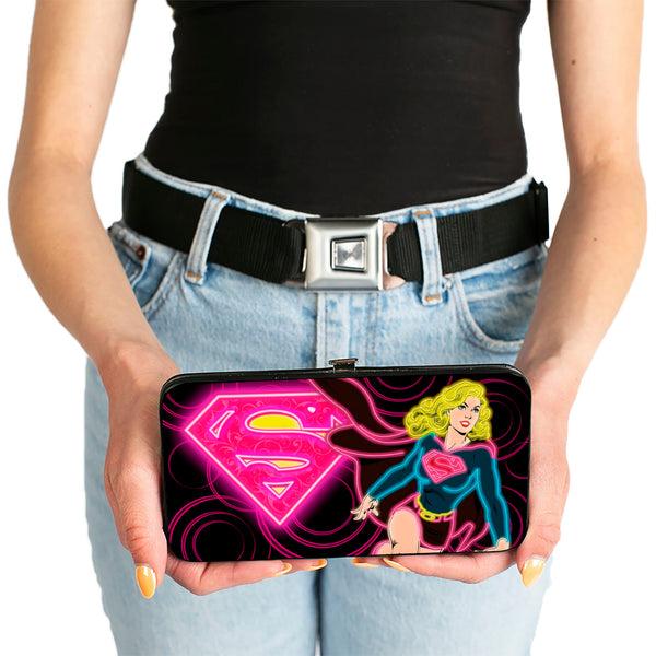 Buckle Down Hinged Wallet - Neon Super Shield Supergirl Pose Rings Black Pinks Yellow