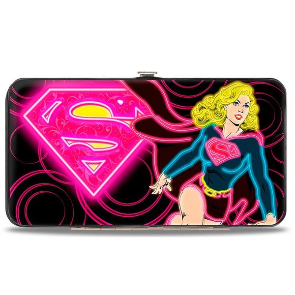 buckle down Hinged Wallet - Neon Super Shield Supergirl Pose Rings Black Pinks Yellow